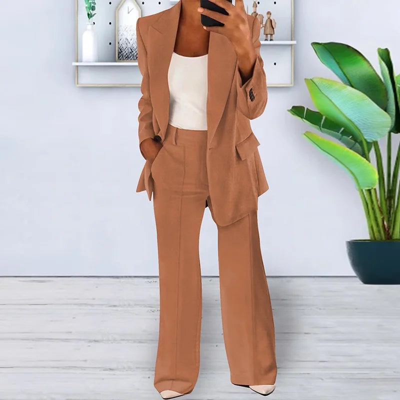 Women's Sets Two 2 Pieces Casual Pocket Single Button Blazer Jackets& High Elastic Waist Workwear Wide Leg Pant Suits