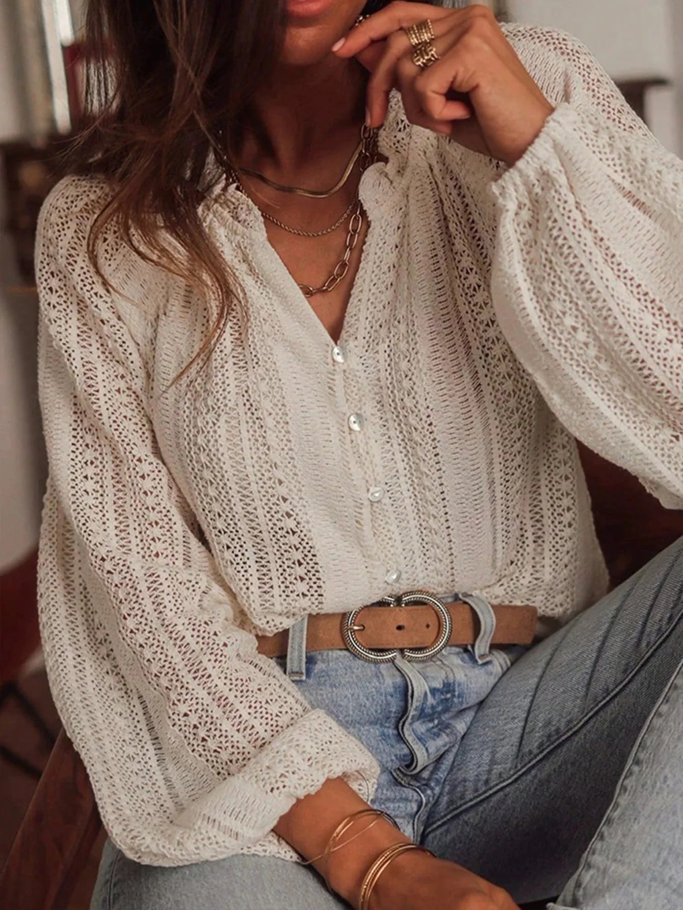 Women's Blouses  Loose Fashion Simple All-Match Hollow Lace V-neck Single Breaked