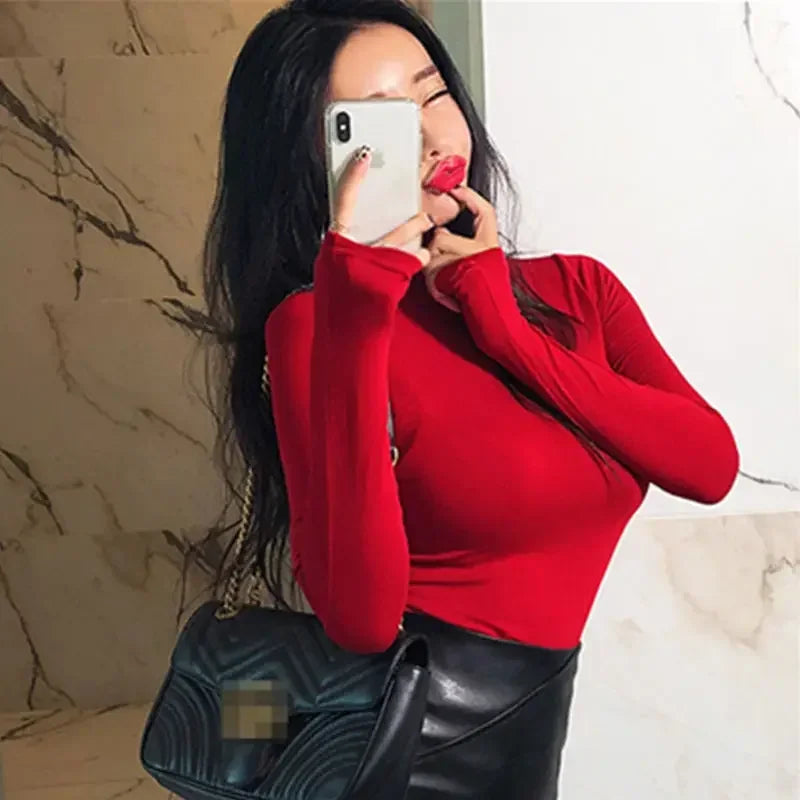 Women T-Shirts Women's Turtleneck Spring and Autumn Slim Fit Demon Long-Sleeved Red T-shirt Top Crop Top Mujer Camisetas