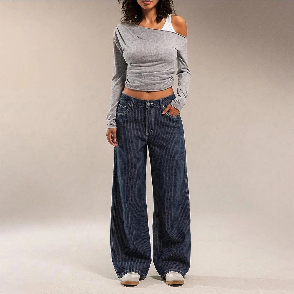 Women Mid Waist Jeans Wide Leg Trousers