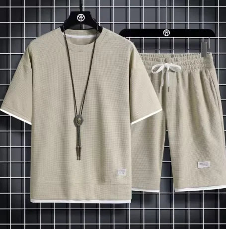 Men's Summer Waffle Set Brand Fashion Casual T-shirt