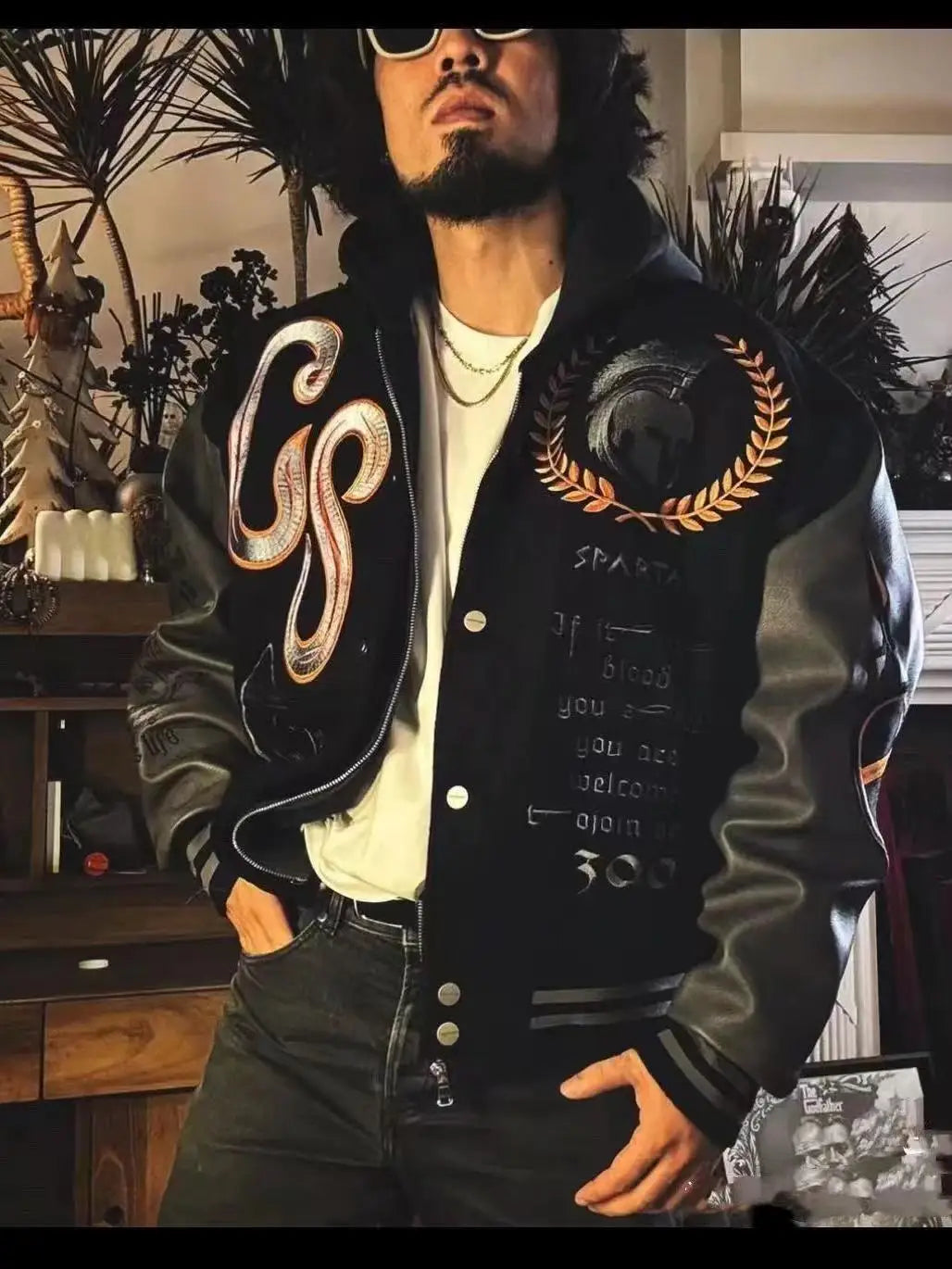 Embroidery Varsity Jacket Men PU Leather Sleeves Oversized Bomber Jackets