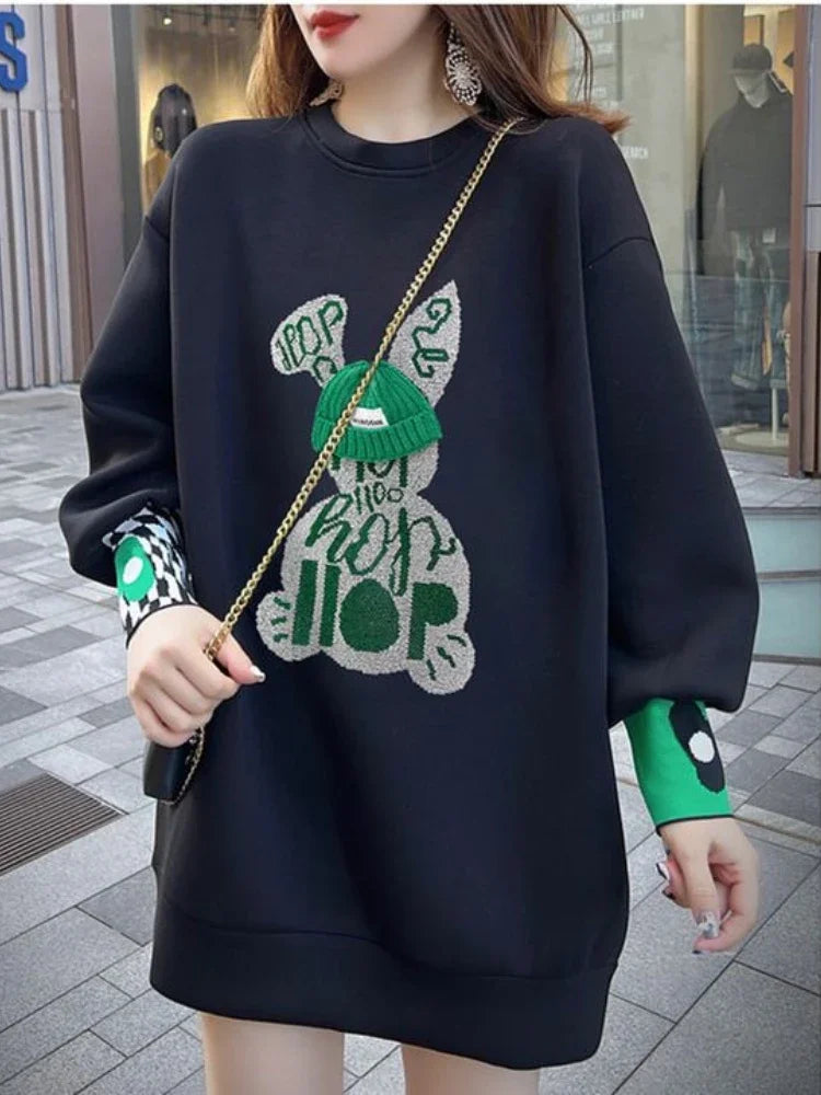 Sweatshirt for Women BlackGraphic Long   Embroidered Pullover