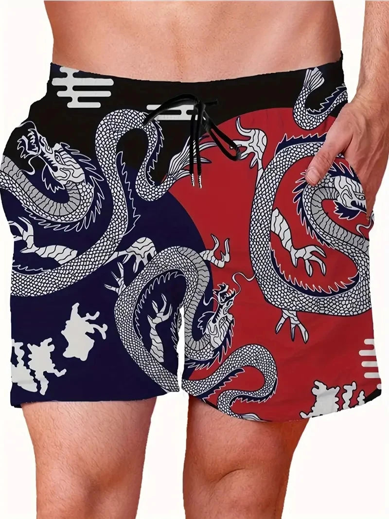 Men's Beach Pants Red Dragon 3D Printed