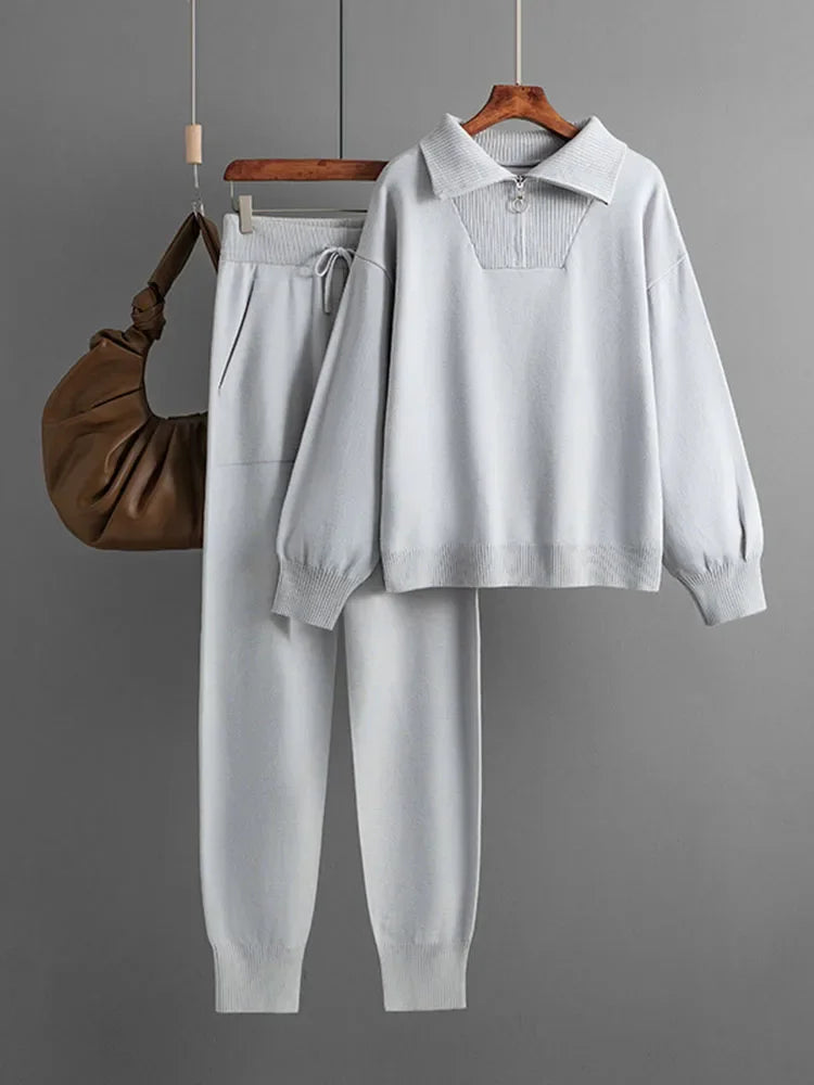 Women Casual Knitwear Pullovers Tops Conjuntos High Waist Jogger Pants Tracksuit