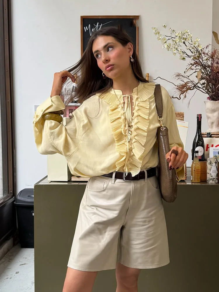 HH Women's Fashion Blouses Light Yellow V-Neck Long Sleeves Tierred Decoration