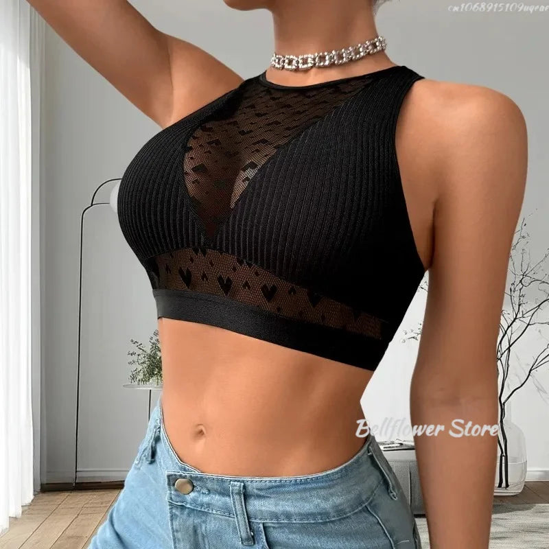Women Sexy Tank Tops Fishnet Hollow Out Sports Off Shoulder Crop Top