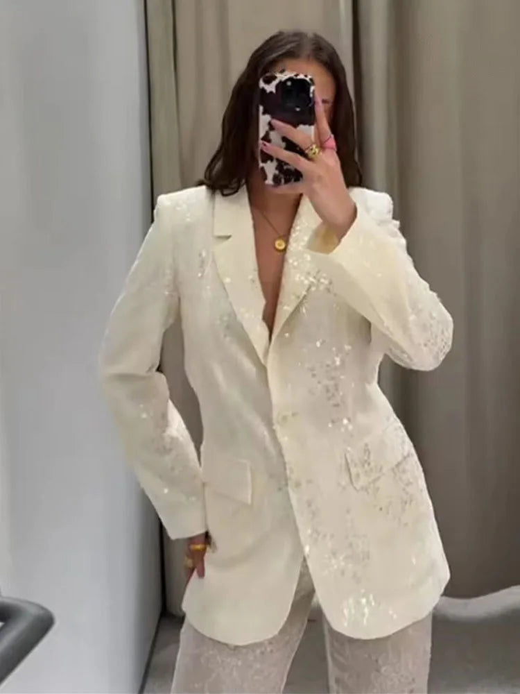 Turn-Down Collar Pockets Single-Breasted Blazers+High Waist Zipper Trousers
