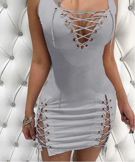 Solid Color Deep V-neck Sexy Slim Fit Lace Up Sleeveless Mini Dress