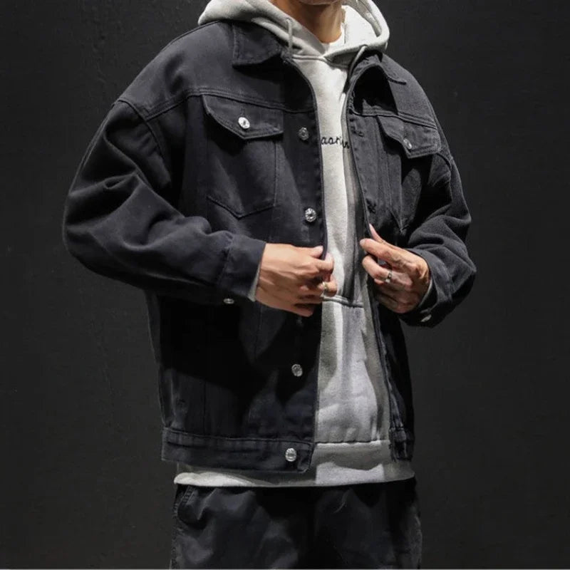 Men's Denim Jacket Autumn Male Jean Coats Black Cargo