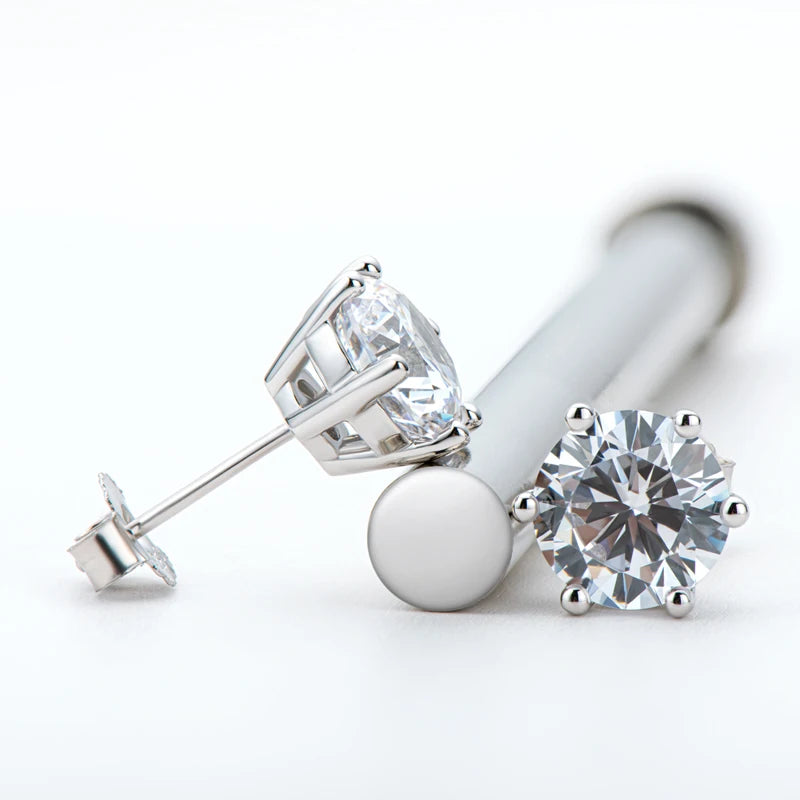 Moissanite Men Earrings Original 925 Silver 2CT Round Diamond Piercing Studs