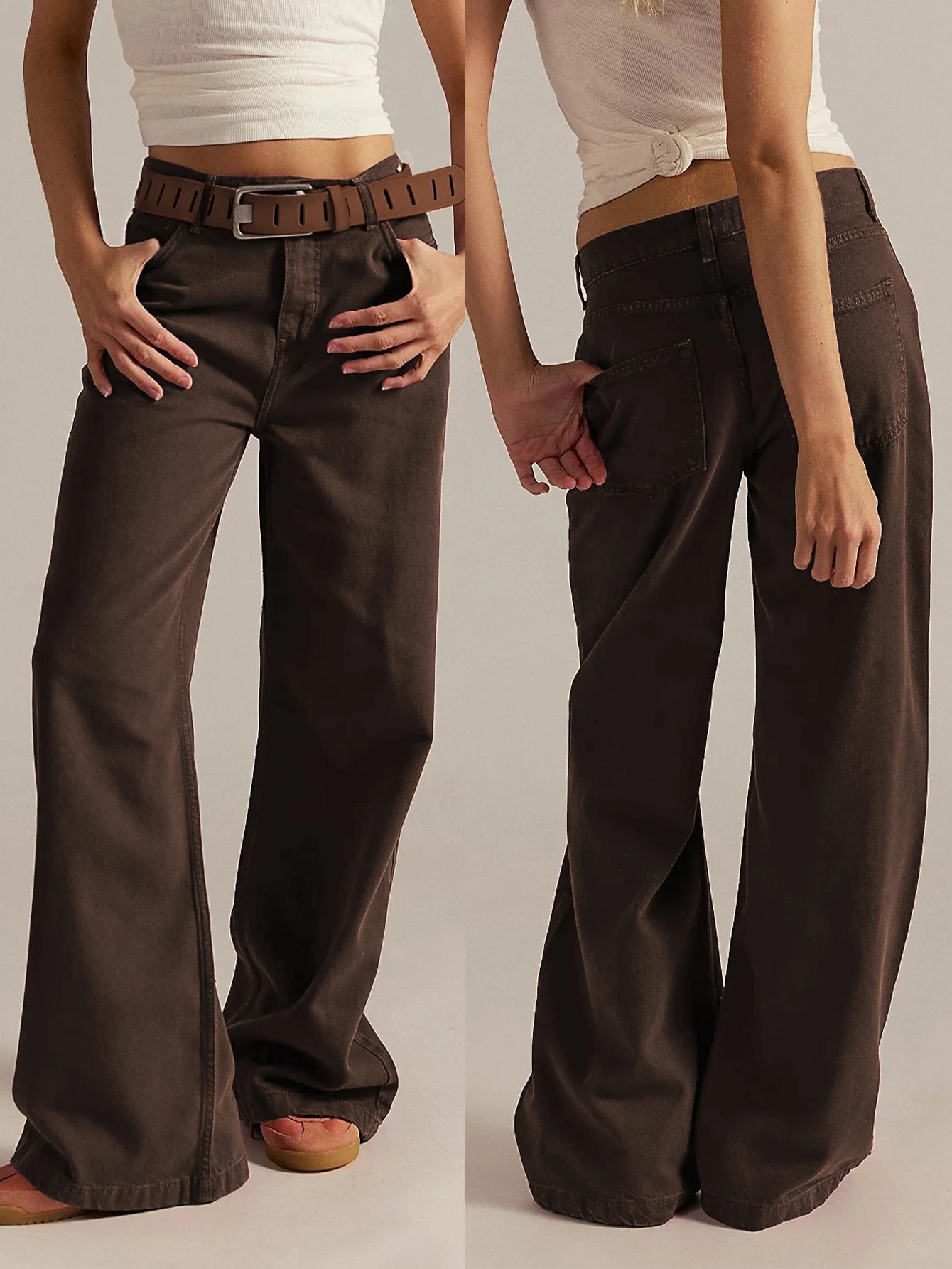 Women's retro brown wide-leg jeans