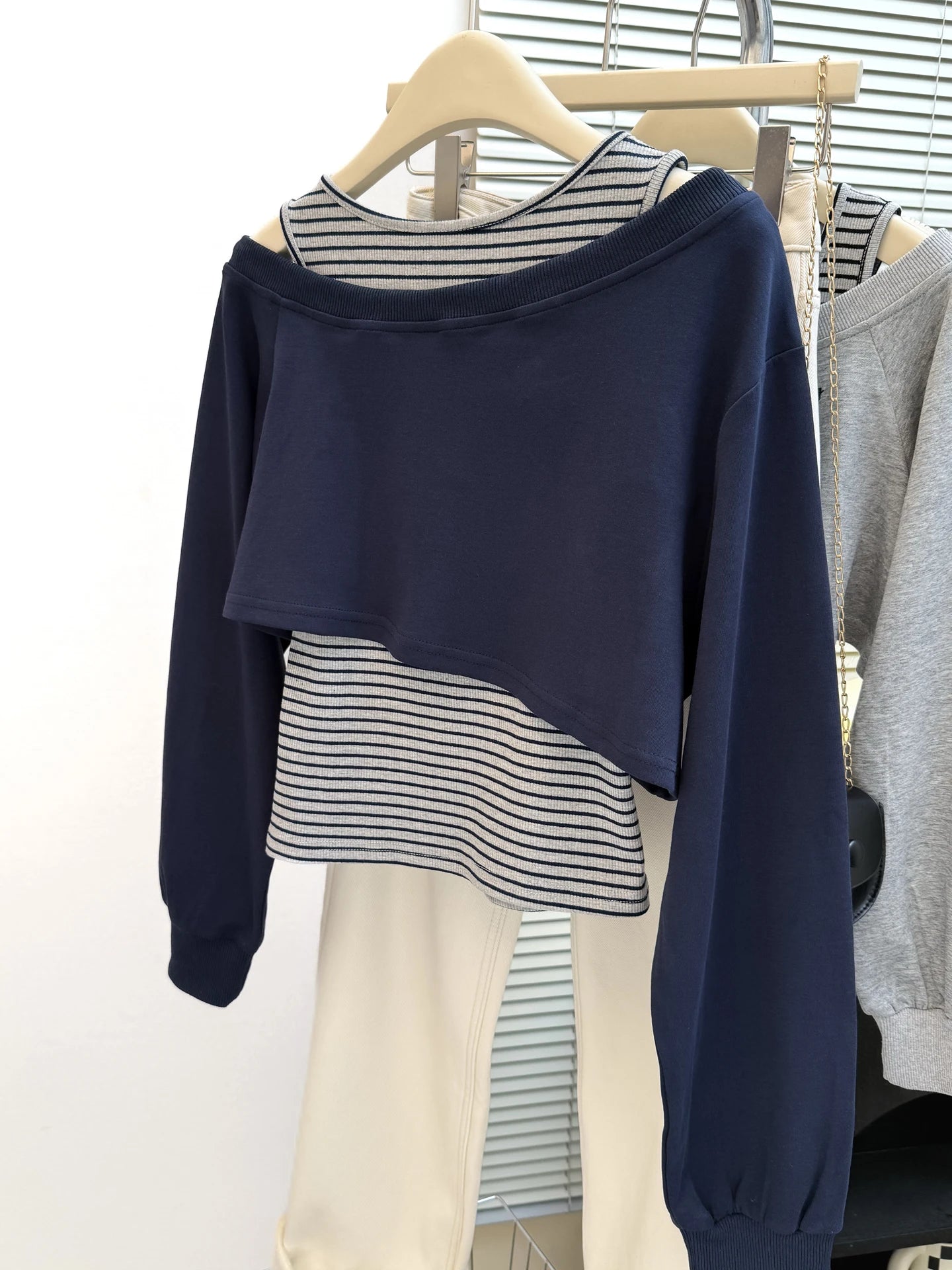 Womens Striped Sweatshirt Floral Gray Sloping Shoulder