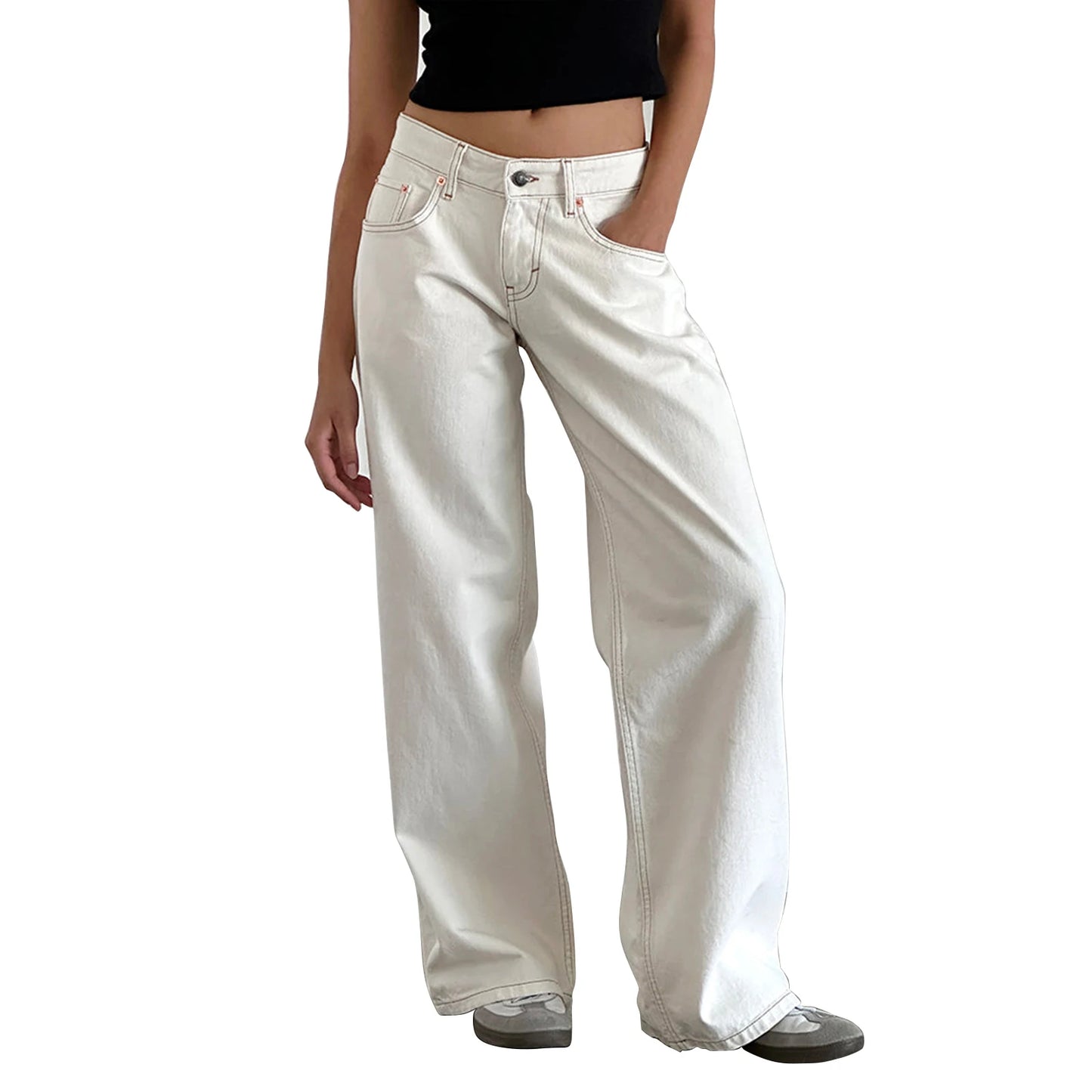 Women's versatile jeans, aesthetic solid color low rise