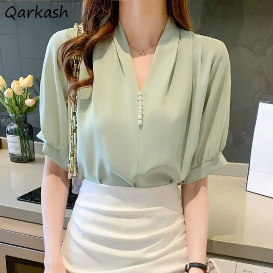 V-neck Blouses Women Minimalist Temper