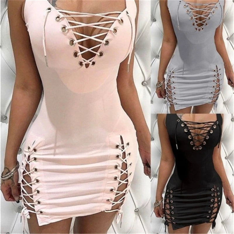 Solid Color Deep V-neck Sexy Slim Fit Lace Up Sleeveless Mini Dress