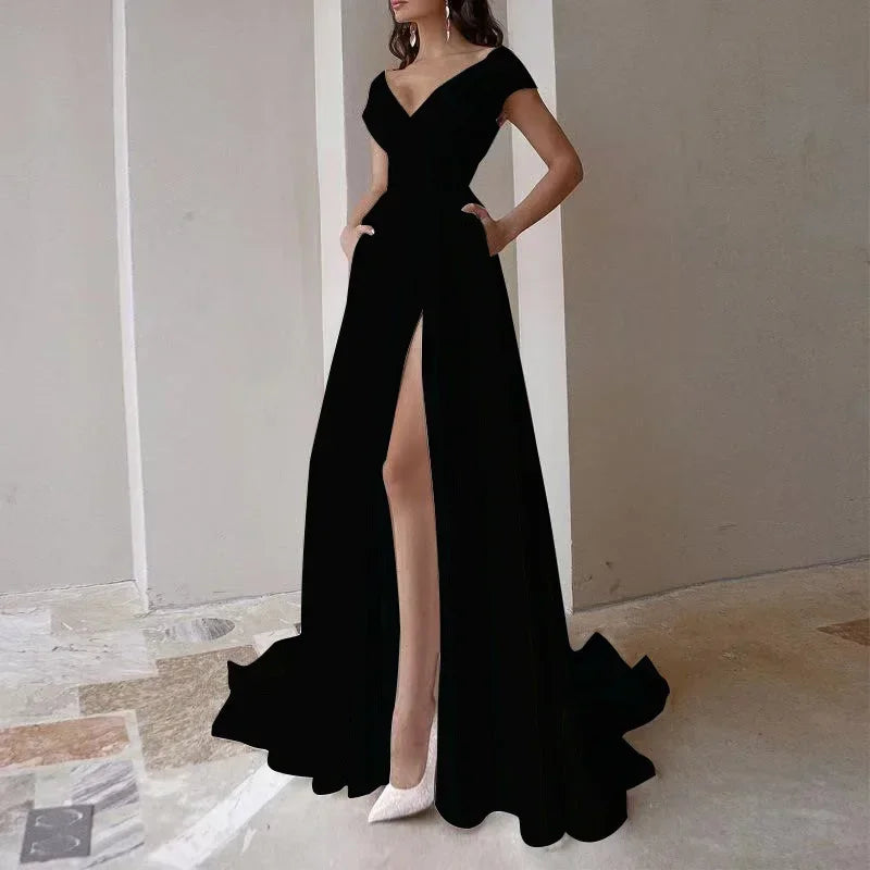 Sexy V-neck Ruffle Solid Mid Waist Temperament Maxi Dress