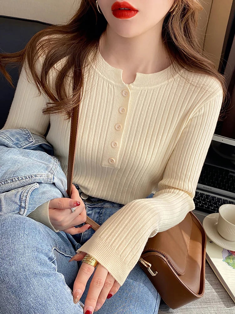 Knitted Women Sweater O-neck Button Pullovers Spring