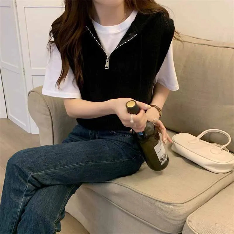 Women's Cropped Knitted Waistcoat All-Match Sleeveless Knitwear Tops