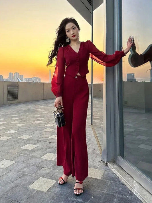 Women 2 Pieces Red Sexy Holiday Outfits Trousers Woman Spring Autumn Shirt Blouse and Clothing Sales Luxury Full D