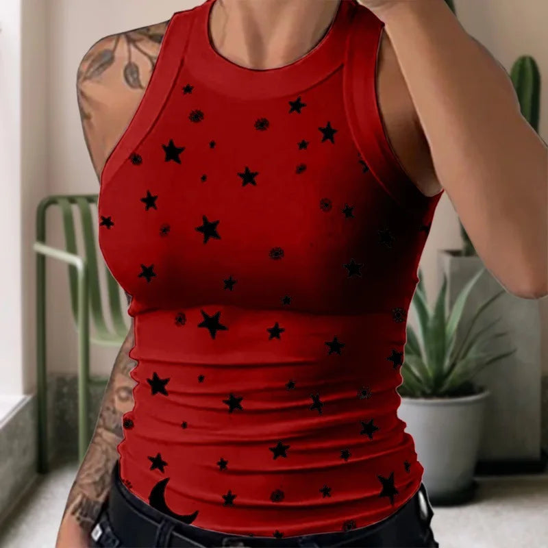 Women's  Tops Tanks Camis Digital printed round neck I-shaped vest