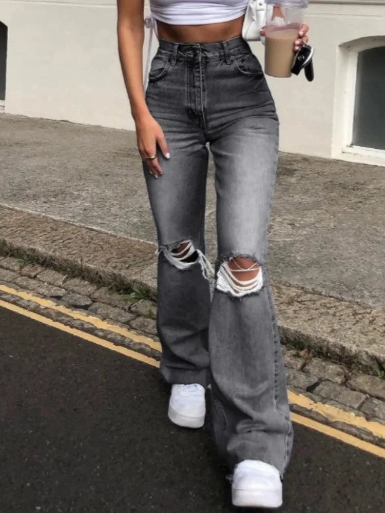 Ripped Jeans For Women Streetwear High Waisted Denim Trousers