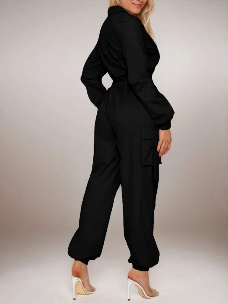 Women's Pocket Elastic Waist Zipper Jumpsuit