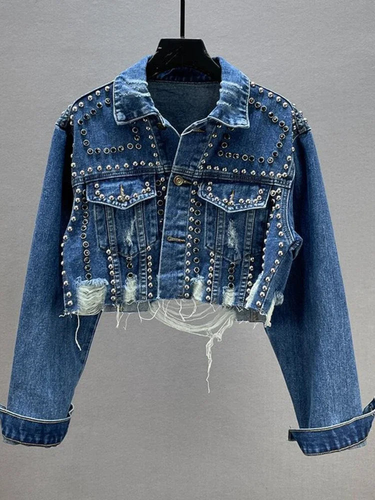 Womens Denim Jacket   Rivet Studded Jean Jacket Women