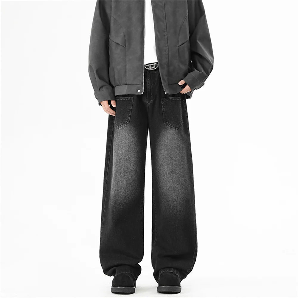 Wide-leg retro washed denim pants for men,
