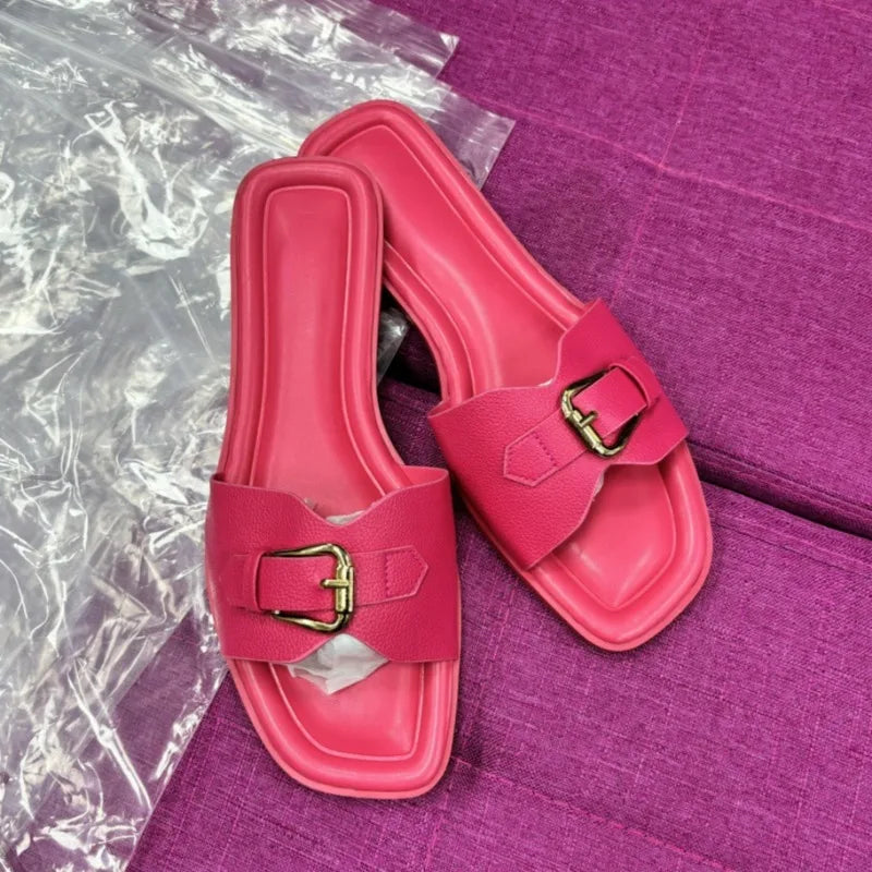Flat Slides for Women Metal Buckle Strap Slippers