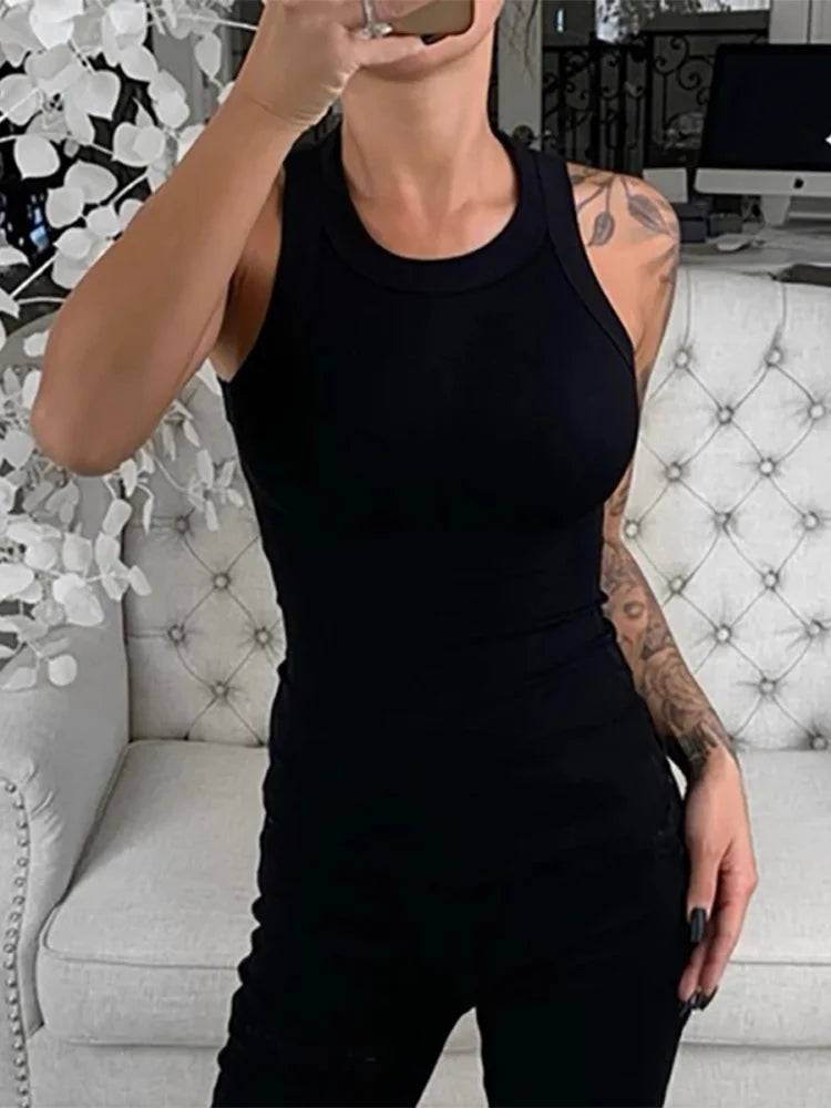 Women Solid Round Neck Ribbed Tank Top Camisole