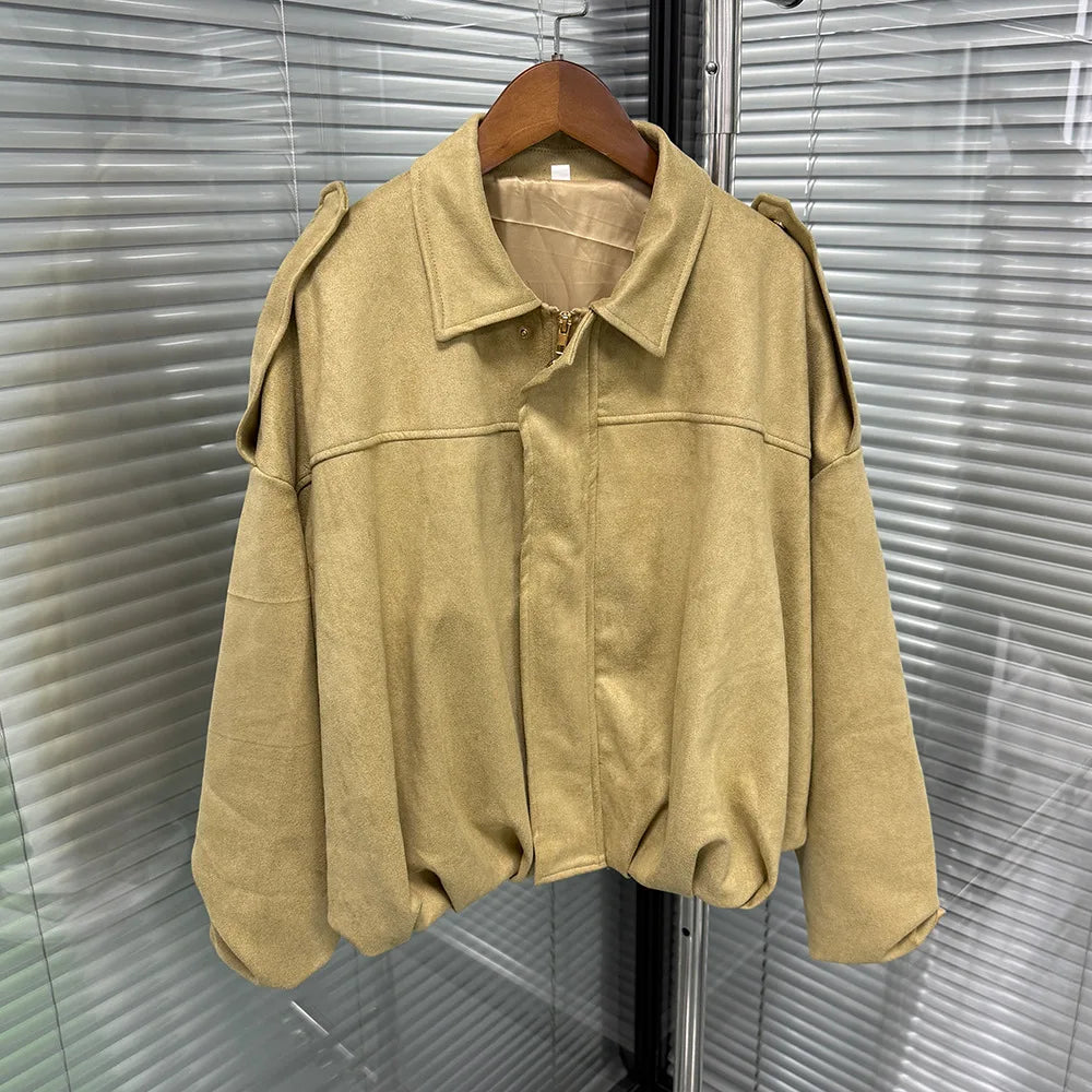 Women's Bomber Jacket Lapel Long Sleeve Zipper Suede Jacket