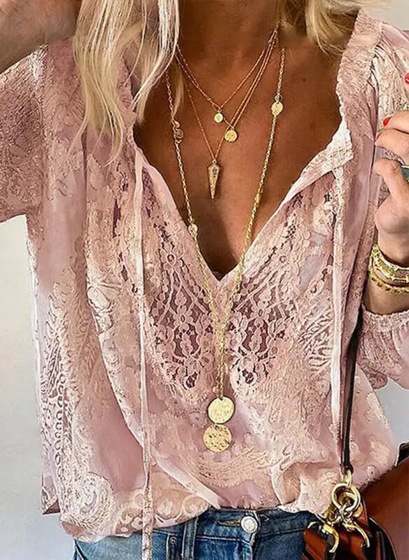 Women's Blouses Boho Lace Hollow Out Deep V Neck Pullover Shirt