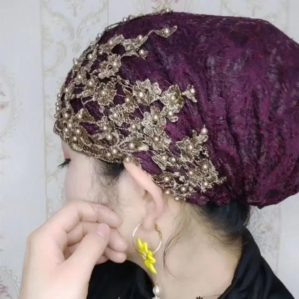 Ladies Personality Ethnic Beaded Hat Gauze Headscarf