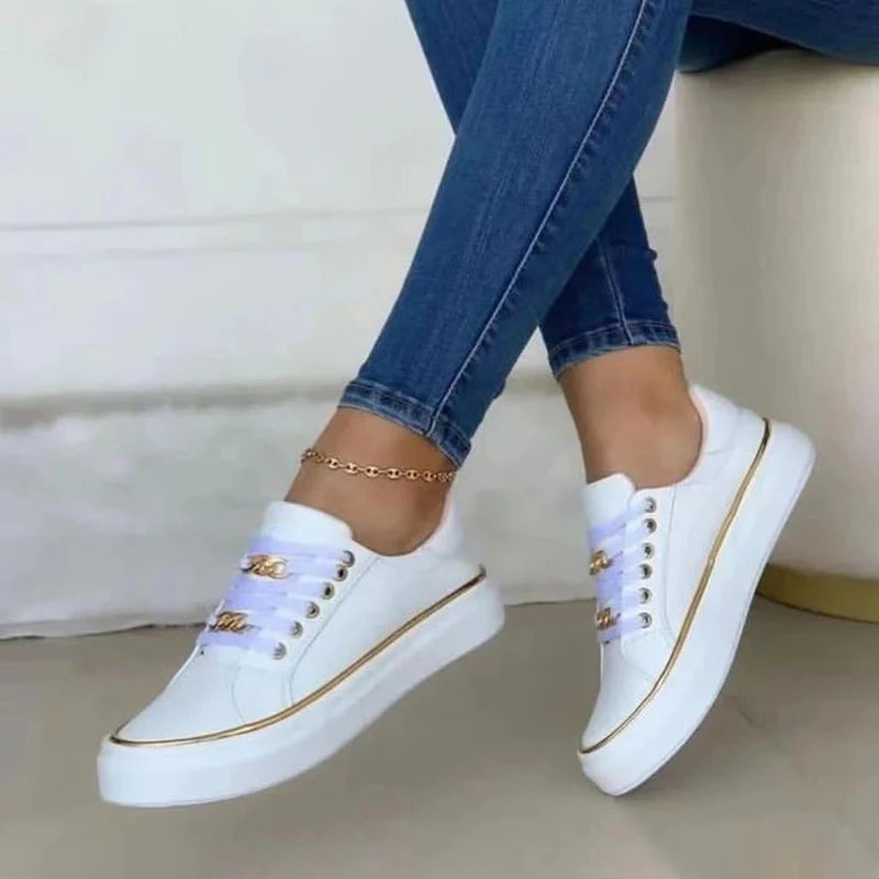 Women's Sneakers Chain Leather Comfortable Round Toe Platform Sneakers