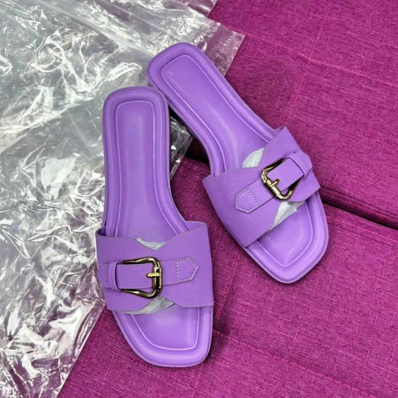 Flat Slides for Women Metal Buckle Strap Slippers