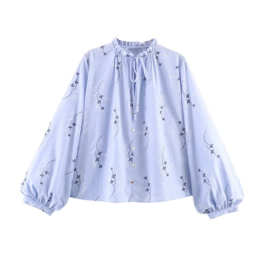 Women Printed Blouse with Embroidered Casual O Neck Long Sleeve