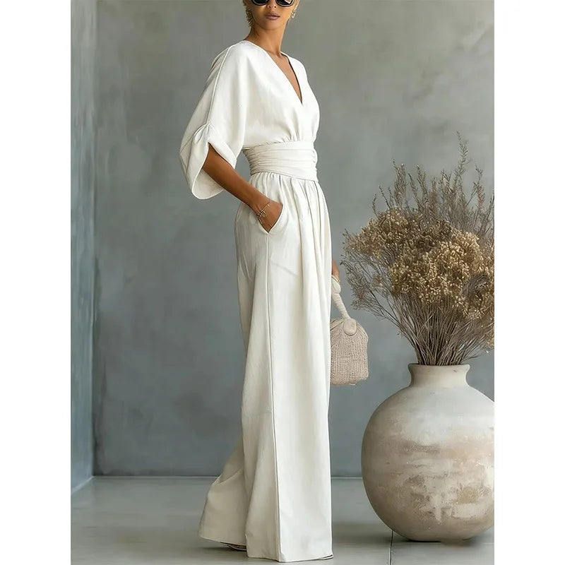 Women's Jumpsuit Fashion High Waist V-neck wide Leg Trousers