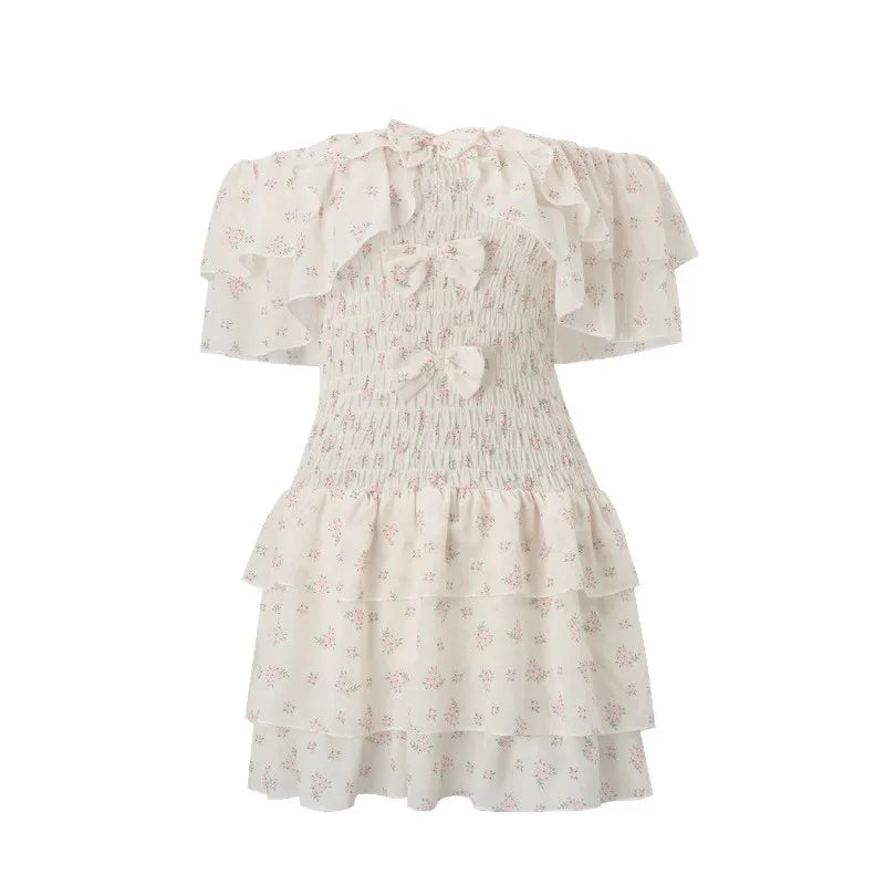 Sweet Style Sexy V-Neck A-Line Skirt with Waistline and Flowery Cake
