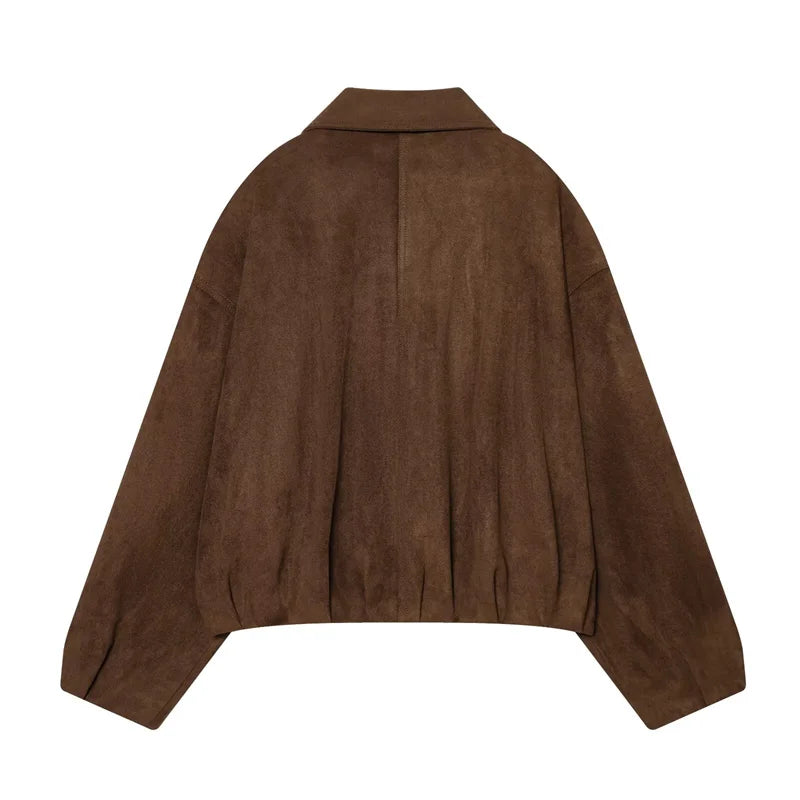 New Style Brown Long Sleeve Suede Effect Loose Biker Style Jacket