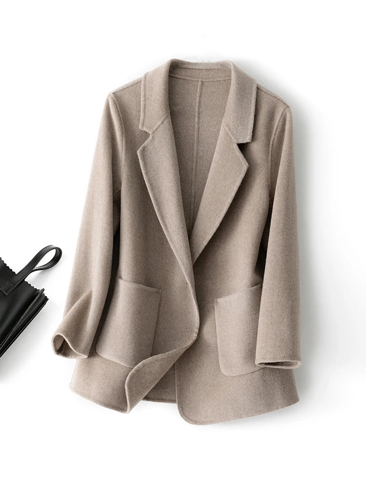 Pure Wool Plaids and Tweed Fashion Camel Women's Coat