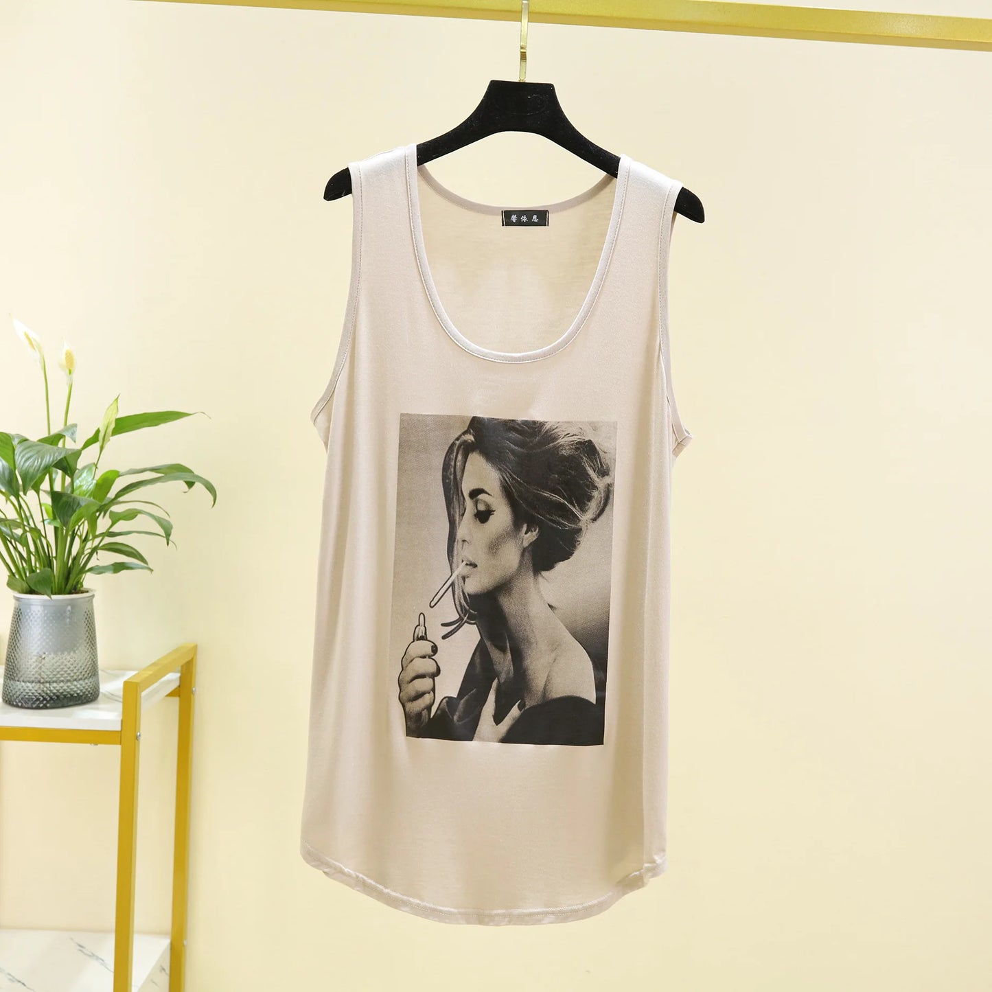 Women Long Tank Tops O-Neck Fashion Print