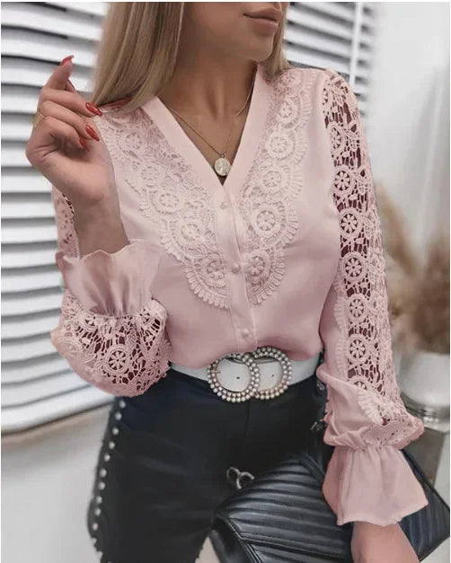 Women's Blouses White Office Spring Casual Button V-neck Long Sleeve