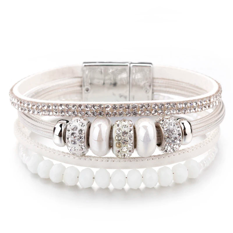 Greatera Sparkling Leather Vintage Pearl Multi-layered Magnetic Buckle Bracelet