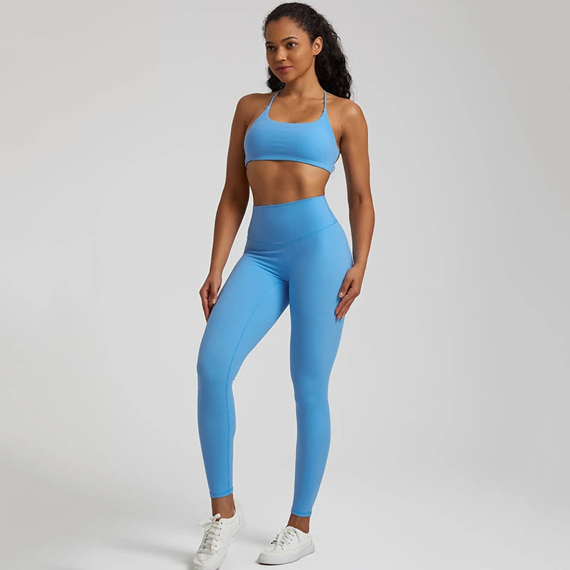 Gym Set Women Sports Outfit 2 Pieces Cross Back Bra Fitness Suit