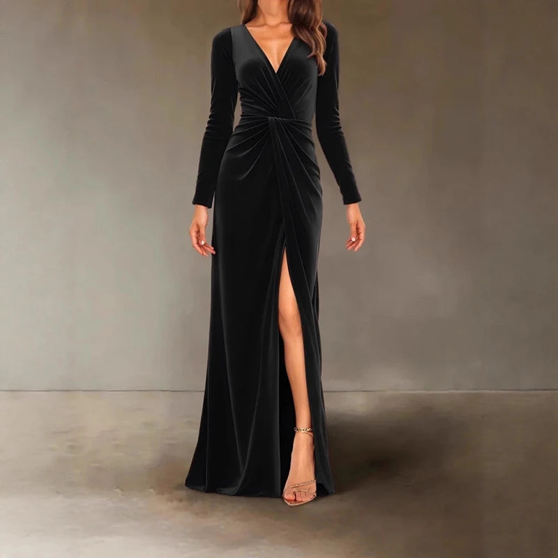 New V-neck Slim Twist High Waist Evening Dress