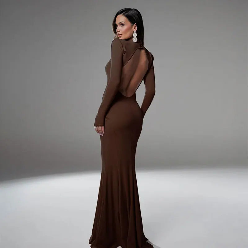 New Sexy Solid Backless Elegant  Casual Slim Turtleneck Long Sleeves Dress