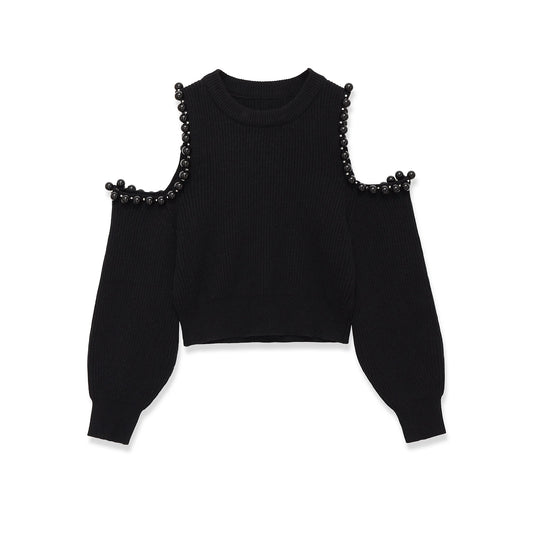 Women Fashion Knit Beaded Hollow Out Sweater