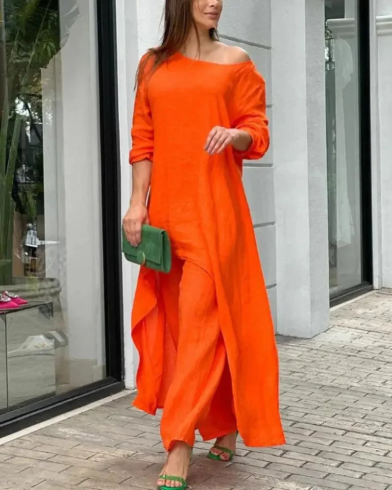 Women's Sets 2 Pcs Sale Casual O-Neck Long Sleeve Asymmetrical Dress