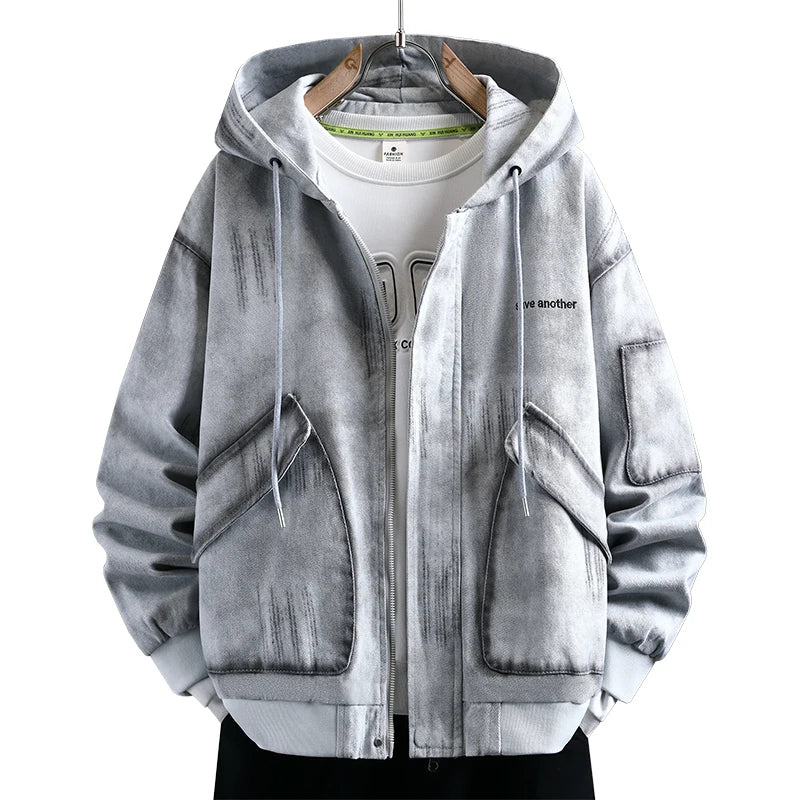 Men's Fashionable Denim Jacket - Cotton Blend Hooded Pullover